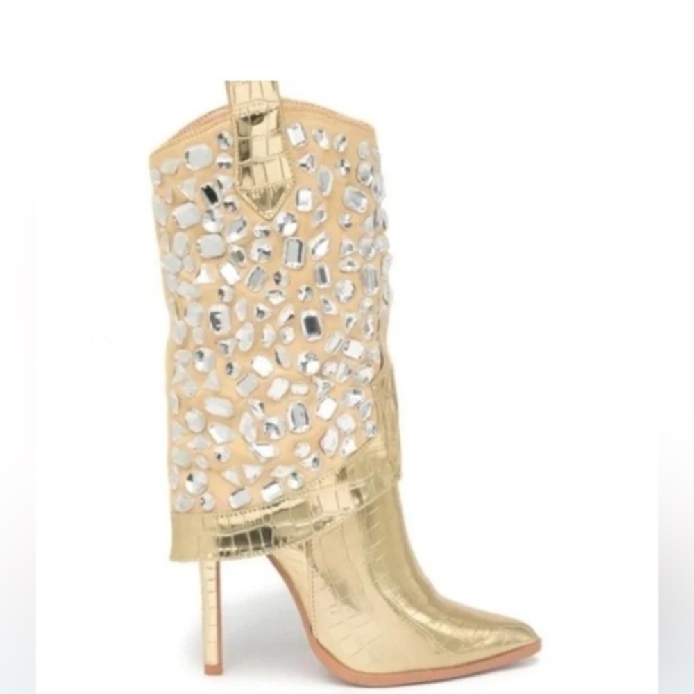 New LAUREN LORRAINE Hana Gold Rhinestone Stiletto Heel Cowboy Boots